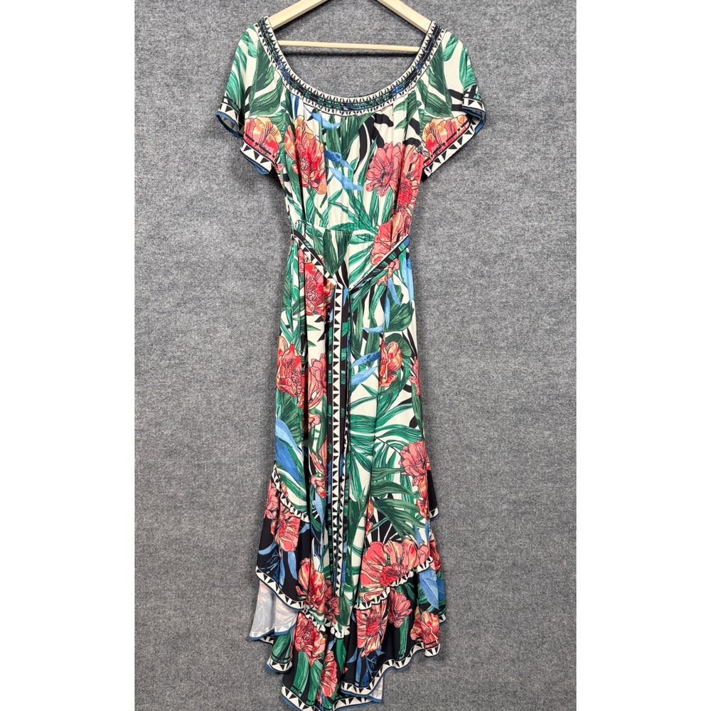 Flying Tomato Size Large Maxi Shift Dress Green Floral Tropical Off The Shoulder - Picture 2 of 10